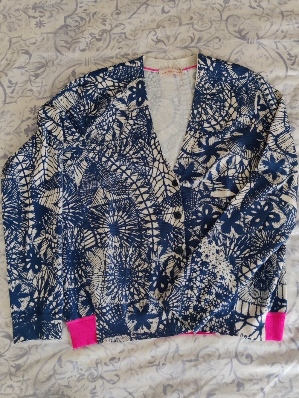 Tory Burch SZ-M Blue Baltic Sea Dream Catcher Textured Cotton Blend Cardigan